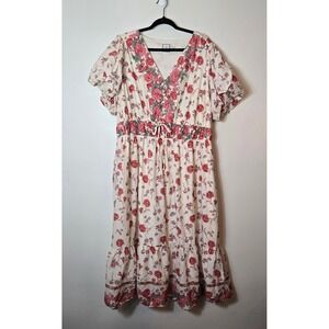 Anthropologie Lea Boho 2X Floral Cotton Midi Dress Puff Sleeve Elastic Waist